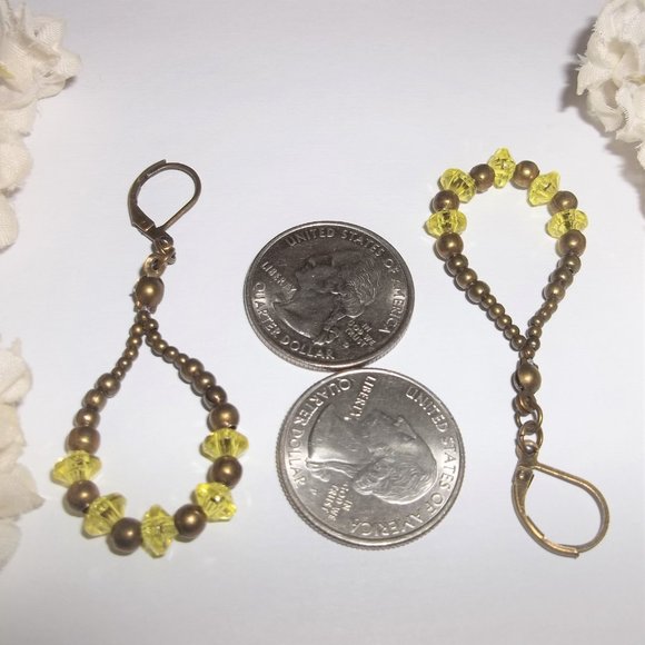 Boho Hoop Earrings Brown Bronze and Yellow Beaded Dangle Teardrop Accessory 7036 - Picture 3 of 8